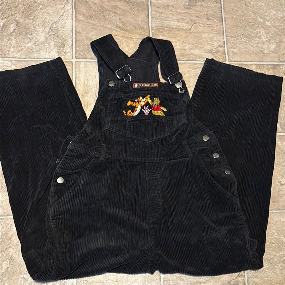 Vintage Black Corduroy Overalls with Pooh Embroidered Design